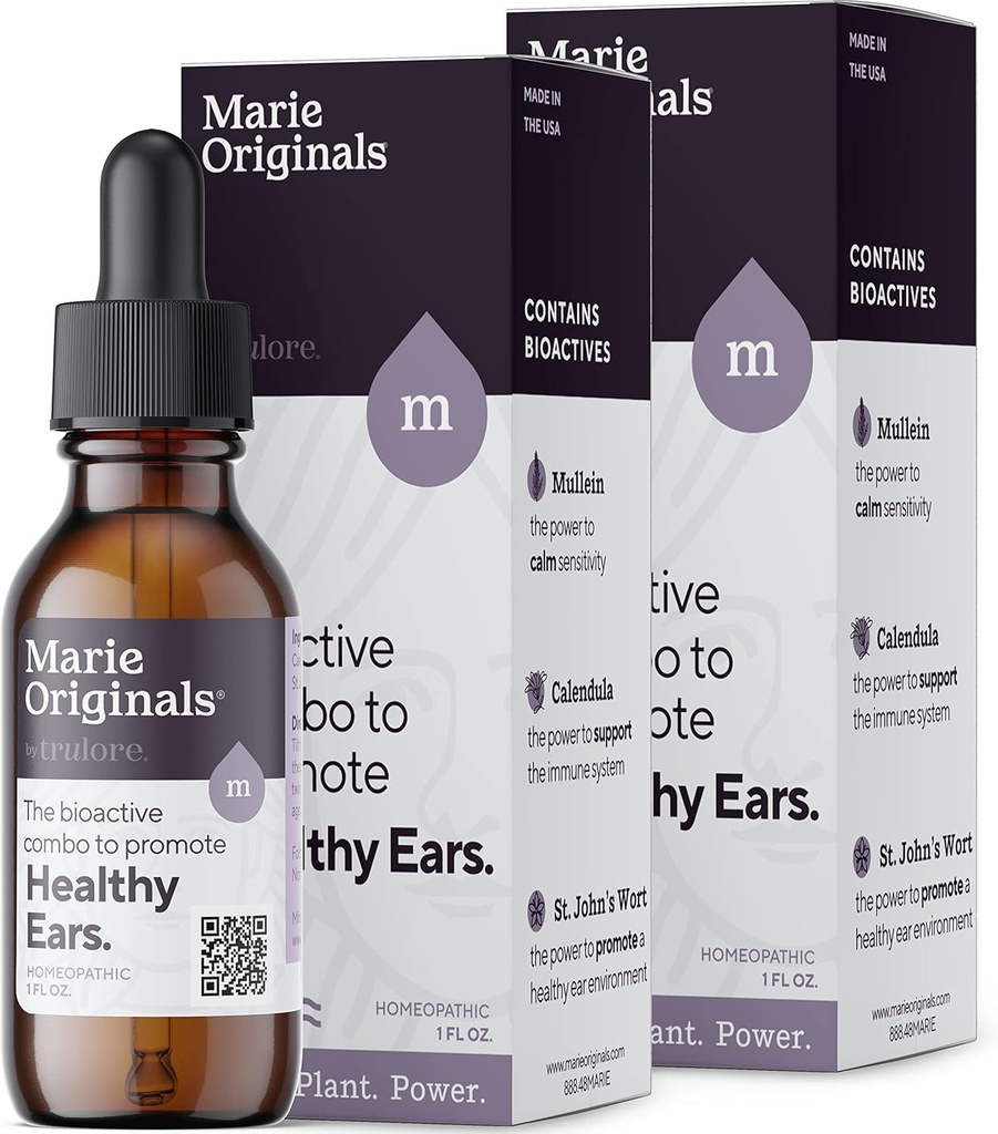 Marie Originals Natural Ear Oil Drops | Mullein Garlic Oil Ear Drops for Infections Prevention, Herbal Ear Ache Drops for Adults, Kids & Pets, Soothes Ear Pain & Wax Removal, Earache Remedies (2 Pack)