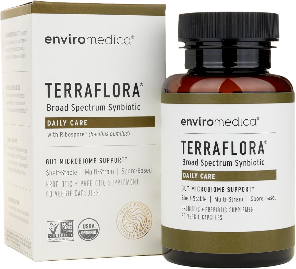 Terraflora Daily Care synbiotic of probiotics and prebiotics for Women and Men 60 ct, Soil Based, Shelf Stable, allergen Friendly Spore Based Supplement Capsules Promote Gut Health by Enviromedica