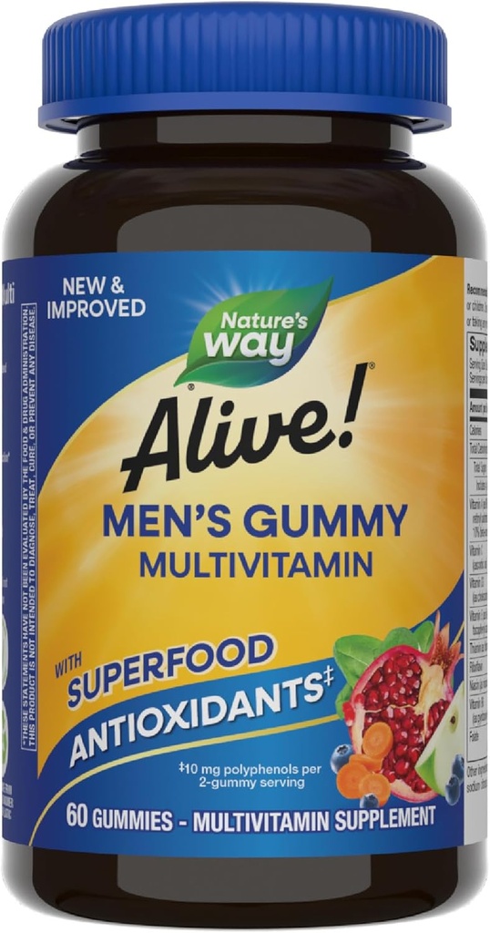 Nature's Way Alive! Men's Multivitamin Gummies, Supports Energy Metabolism*, Muscle Function*, Superfood Antioxidants(1), B-Vitamins, Vegetarian, Fruit Flavored, 60 Gummies (Packaging May Vary)