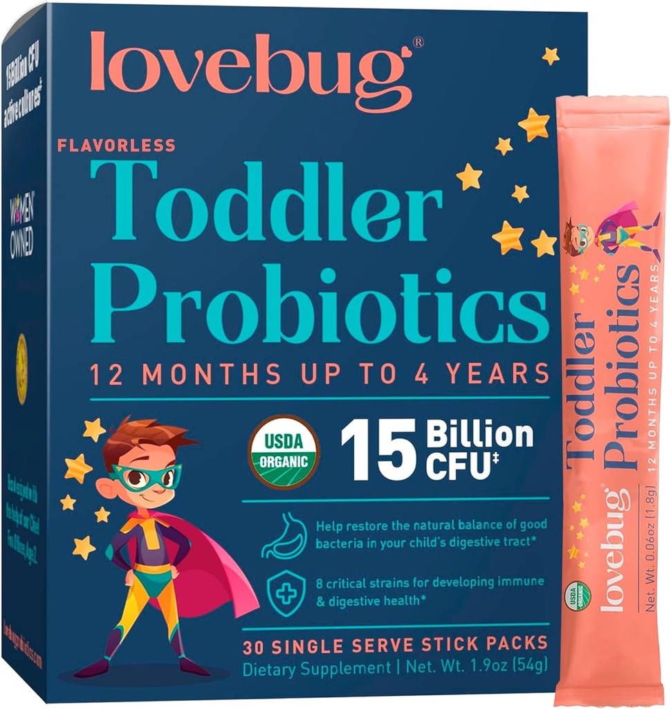Lovebug Kids Probiotic Powder with Prebiotic Fiber - Toddler Immunity Support & Constipation Relief - USDA Organic Probiotics for Childrens Gut & Digestive Health (Ages 1-4) - 30 Pack (Unflavoured)