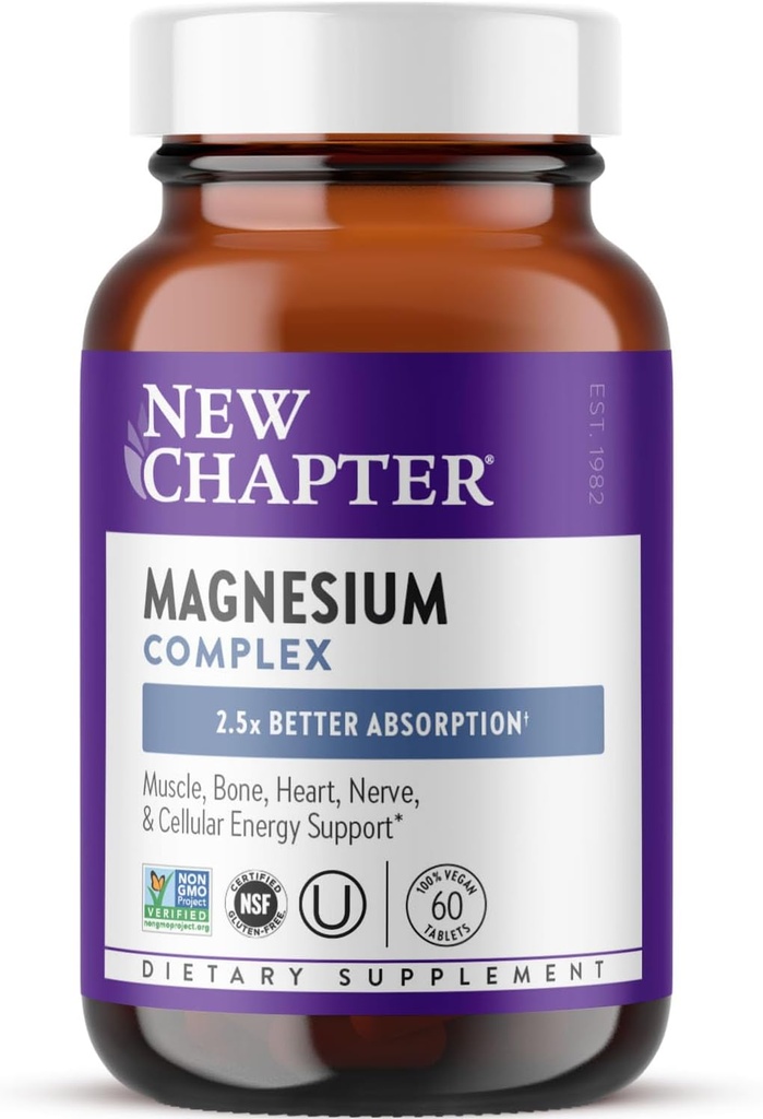 New Chapter Magnesium Complex Supplement, 325mg with Magnesium Glycinate + Sea-Sourced + Fermented Forms for Heart, Bone, Nerve, Muscle & Cellular Energy, 100% Vegan, 60 Tablets