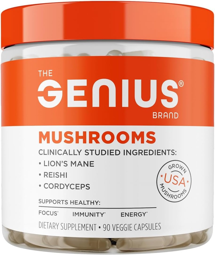 The Genius Brand Genius Mushrooms - Plant-Based Supplement for Immune, Focus & Energy Support - Lion's Mane, Cordyceps & Reishi - Organic & Non-GMO - 90 Veggie Capsules