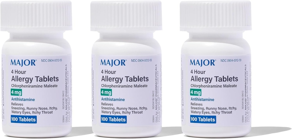 MAJOR 4 Mg Allergy Tablets - Chlorpheniramine Maleate 4-Hour Allergy Medicine - Antihistamine for Relief of Sneezing, Itchy Watery Eyes, Itchy Throat, and Runny Nose - 100 Count (3 Pack)