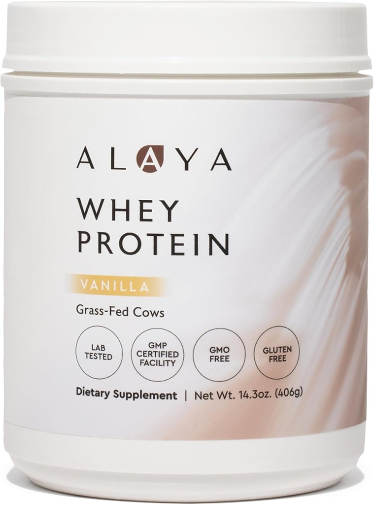 Alaya Naturals - Grass Fed Whey Protein Powder - Vanilla Flavor, All Natural, Hormone Free - 20g Protein per Serving - Non-GMO, rBGH Free, Gluten Free - Great Source of BCAA