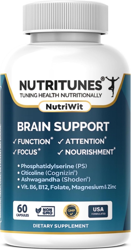 Brain Health Supplement–Memory, Focus & Brain Nourishment Support with Cognizin Citicoline, Phosphatidylserine, Shoden Ashwagandha, B Vitamins, Magnesium & Zinc–60 NutriWit Capsules
