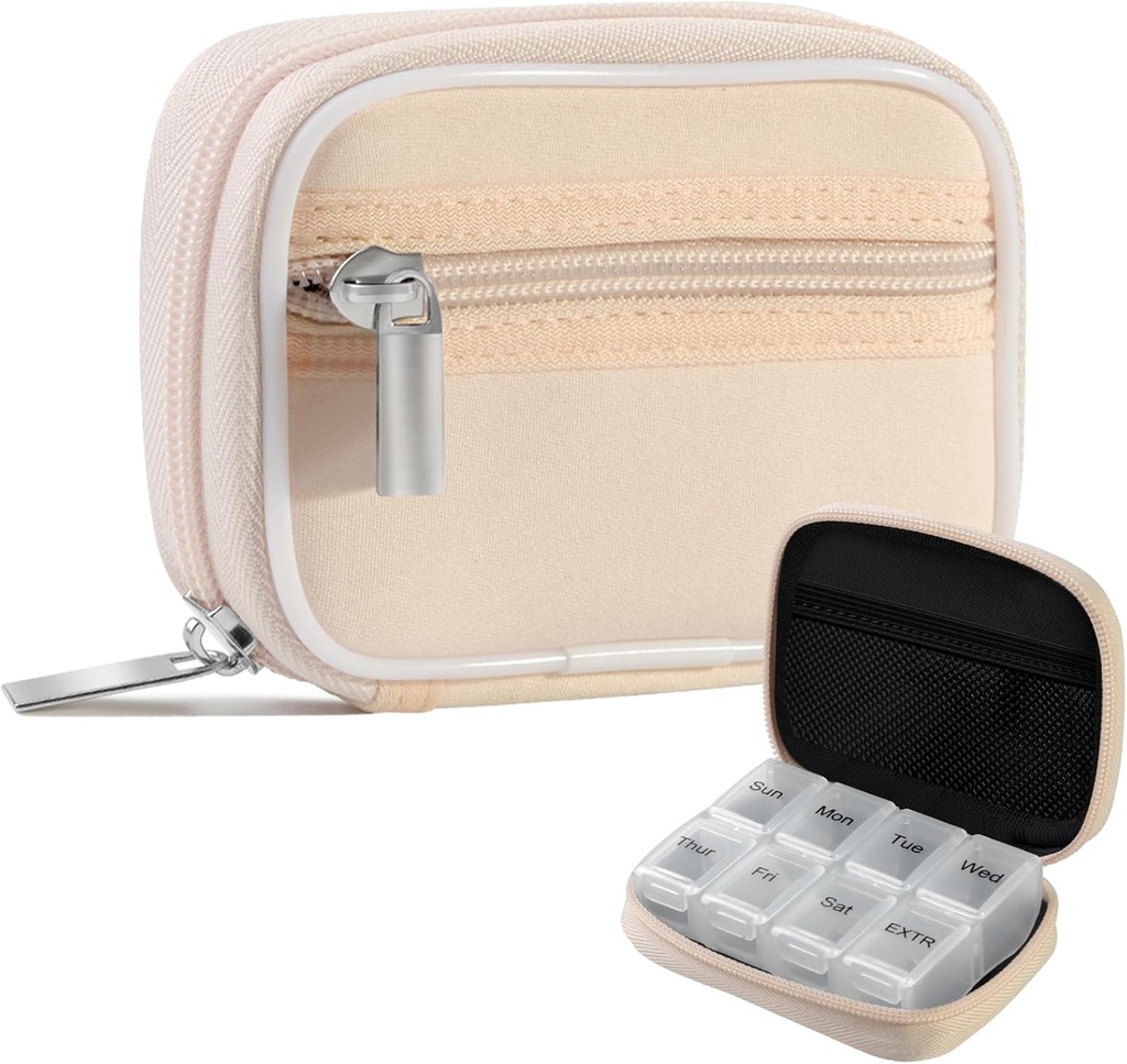 Pill Case Weekly Travel Pill Organizer for Purse with Removable 7 Day Pill Box Premium Neoprene Pill Container for Travel Purse Accessory, Vitamin, Supplement, Small Pieces Arrangement-Cream Yellow