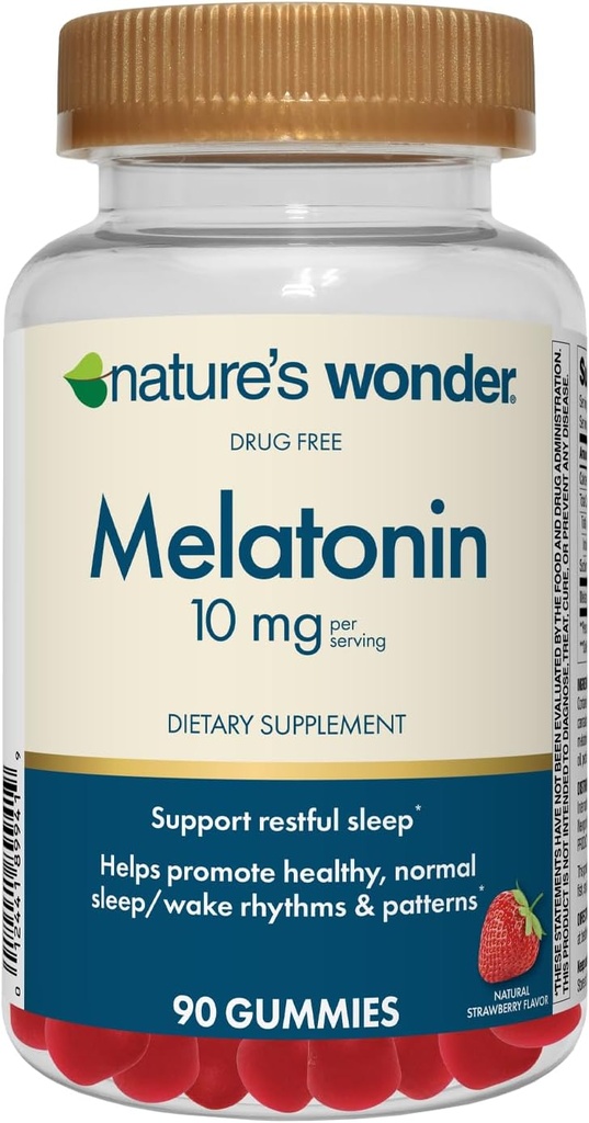 Nature's Wonder Drug-Free Melatonin 10 mg Gummies for Adult Sleep Health, 100% Drug Free Sleep aid, Promote Healthy Sleep and Wake Rhythm and Patterns, 45 Day Supply, 90 Count