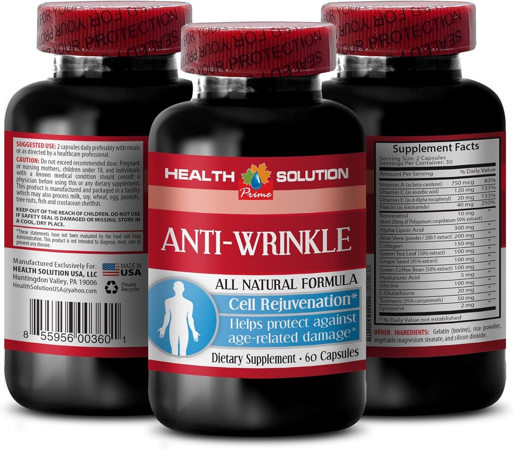 Vitamin E collagen - ANTI-WRINKLE COMPLEX - Skin minerals, Anti-aging natural formula, anti wrinkle capsules for face, serum anti wrinkle, alpha lipoic acid, anti wrinkle pills for women, 1B 60 Caps