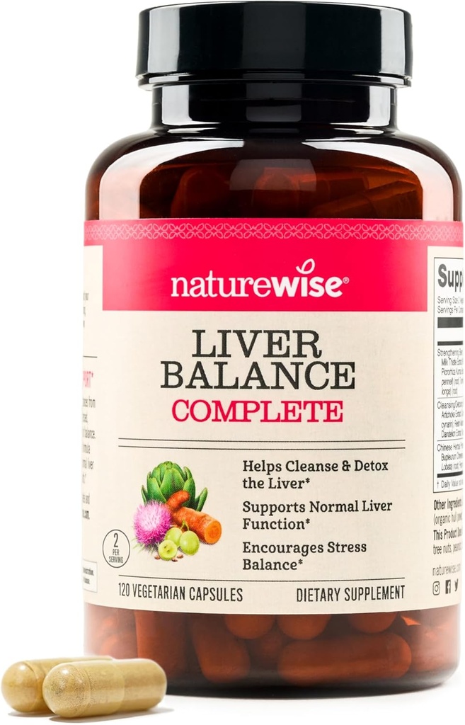 NatureWise Liver Balance Detox Supplement - Triple Repair Formula with Milk Thistle, Dandelion, Turmeric, Artichoke, Reishi Mushroom & Kudzu, - Vegan - 120 Capsules[60-Day Supply]
