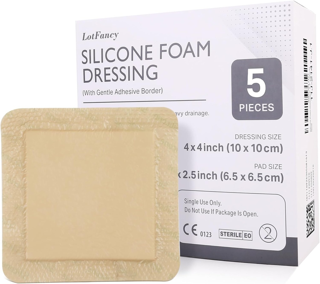 LotFancy Silicone Foam Dressing, 4"x 4" (2.5”x2.5” Pad), 5 Count, Sterile Bordered Adhesive Wound Dressing, Bed Sores, Leg Ulcers Wound Care Bandage, Highly Absorbent, Waterproof