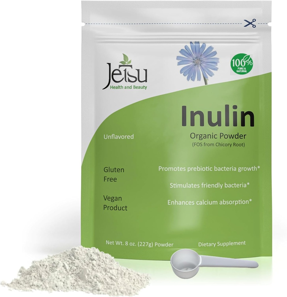 Jetsu Inulin Powder Organic Chicory Root (FOS) - Soluble Inulin Fiber Prebiotic Intestinal Support, Enhances Calcium Absorption, Stimulates Friendly Bacteria, Promotes Prebiotic Growth, 8oz