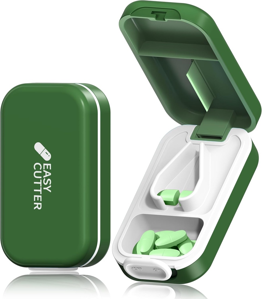 Pill Cutter for Small or Large Pills&Tablet Vitamins Design in The USA.with Detachable Silicone pad and Safety Buckle Design Easy to Open.(Olive)