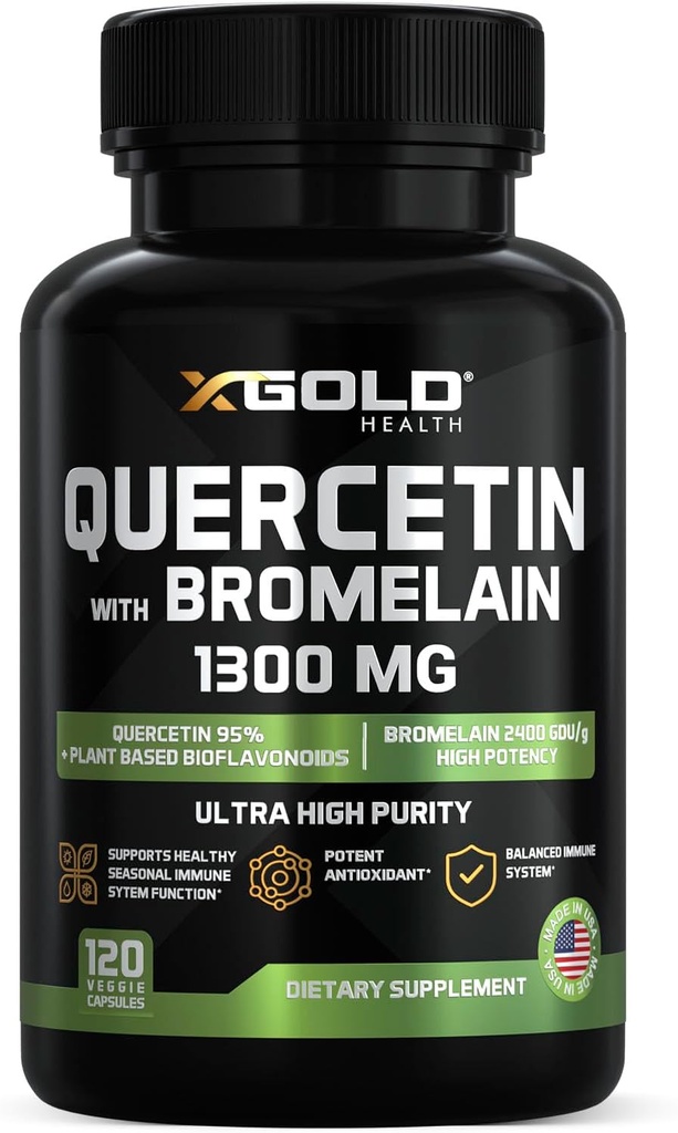 Quercetin + Bromelain 1,300mg – Quercetin: 95% - Highly Purified and Highly Bioavailable Plus Bromelain 2,400 GDU/g - Made in USA | 120 Caps