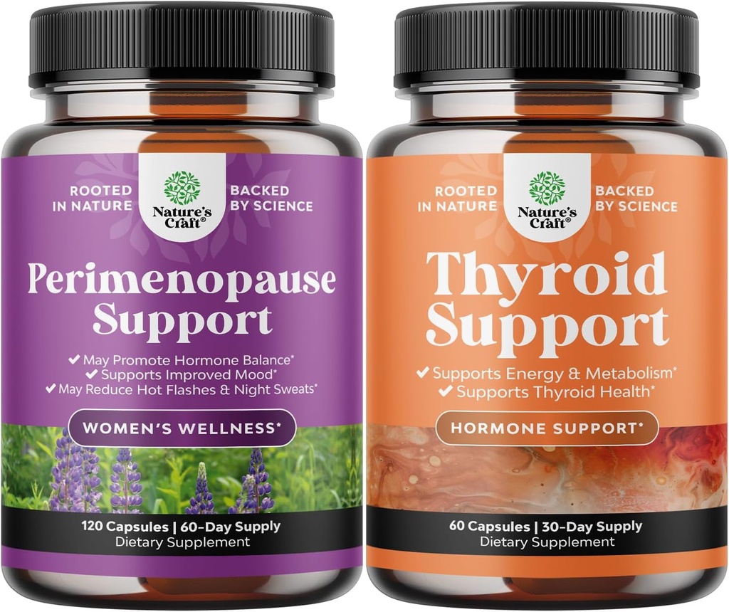 Bundle of Perimenopause Supplement with Maca Root Vitex Berry & Black Cohosh for Hot Flashes Night Sweats Hormone Balance & Mood and Thyroid Support with L Tyrosine Bladderwrack Selenium & Ashwagandha