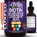 Biotin Liquid Drops Collagen Keratin Hyaluronic Acid Saw Palmetto for Hair Skin and Nails Silica Vitamin A C Vitamin D Bamboo Turmeric Zinc Folate Magnesium Horsetail LuxGlo by Clean Nutra