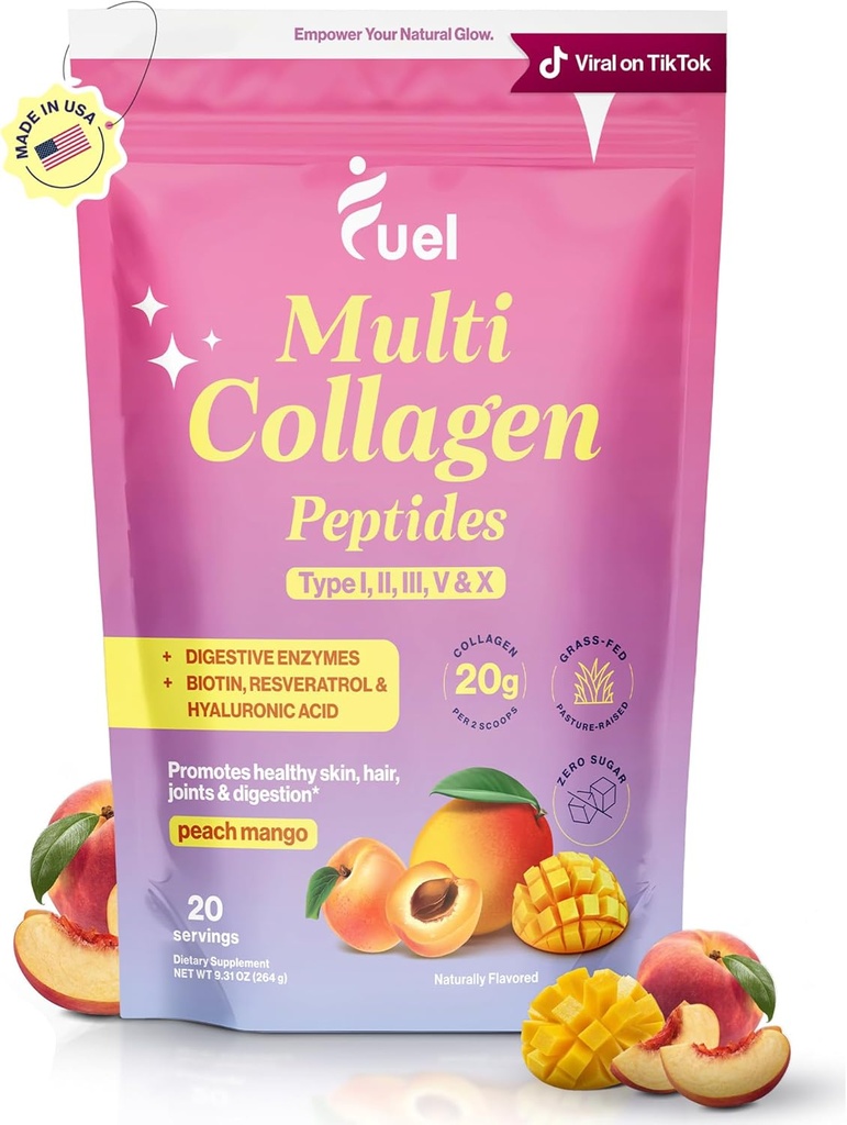 Fuel Multi Collagen Peptides Powder – 20g Hydrolyzed Collagen I, II, III, V & X for Hair, Skin, Nails & Joint Support – Better Absorption – Keto & Gluten Free, Peach Mango, 9.31oz
