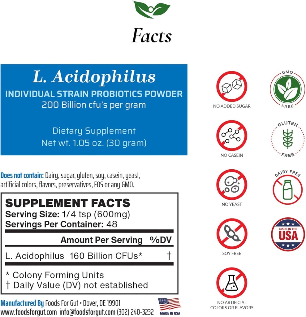 Foods For Gut Lactobacillus Acidophilus Probiotic Powder 200 Billion cfu's | Made in USA | No Additives | Direct from Manufacturer | No Third-Party Storage | Immune Support | 30 Grams (1.05 Oz)