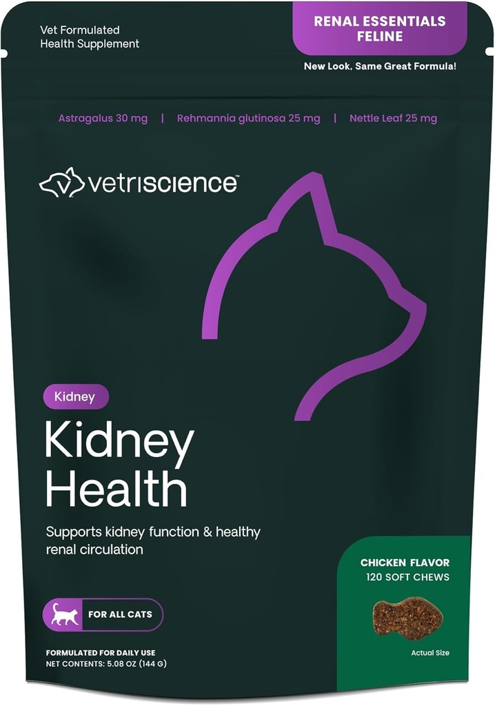 VetriScience Kidney Health Chews, Renal Essentials Supplement for Cats, Kidney Care and Support with Mushroom, Astragalus Root, Nettle Seed and Herbs, Chicken, 120 Count