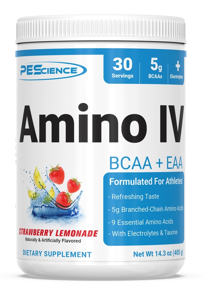 PEScience Amino IV BCAA & EAA Powder, Essential Amino Acids, Taurine, Electrolytes for Hydration and Muscle Recovery, Sugar Free for Men & Women, Post Workout - Strawberry Lemonade, 30 Servings