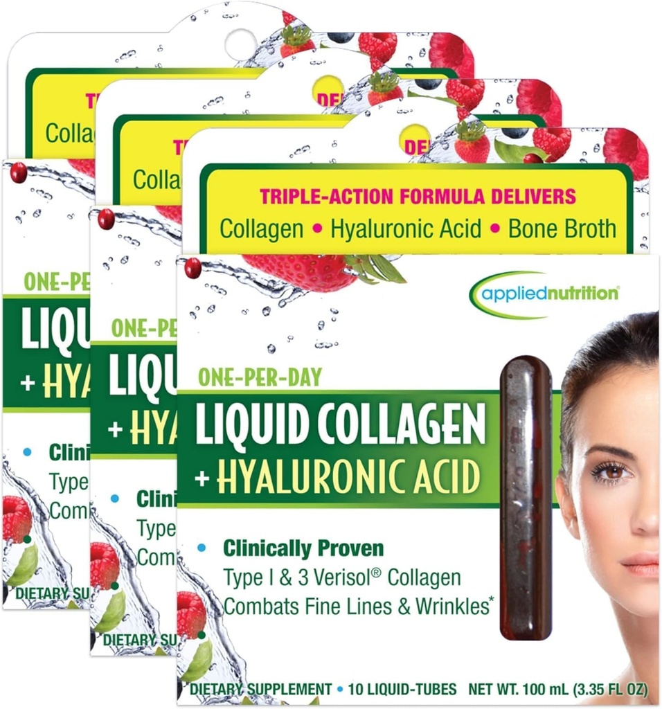 Applied Nutrition Liquid Collagen + Hyaluronic Acid - 10 Liquid Tubes, Pack of 3 - Skin & Nail Restoration - Mixed Berry Flavor - 30 Servings