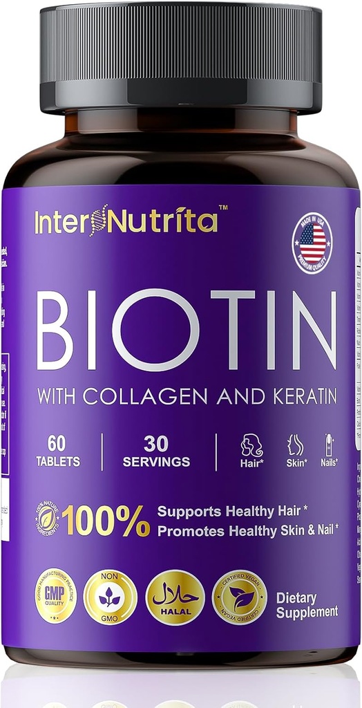 Biotin with Hydrolysed Collagen and Keratin, 5000mcg Biotin for Hair Growth，Skin & Nails & Energy Production，USA Made - Vitamin A, C, D3, E, B1, B2, B7, B12 Complex
