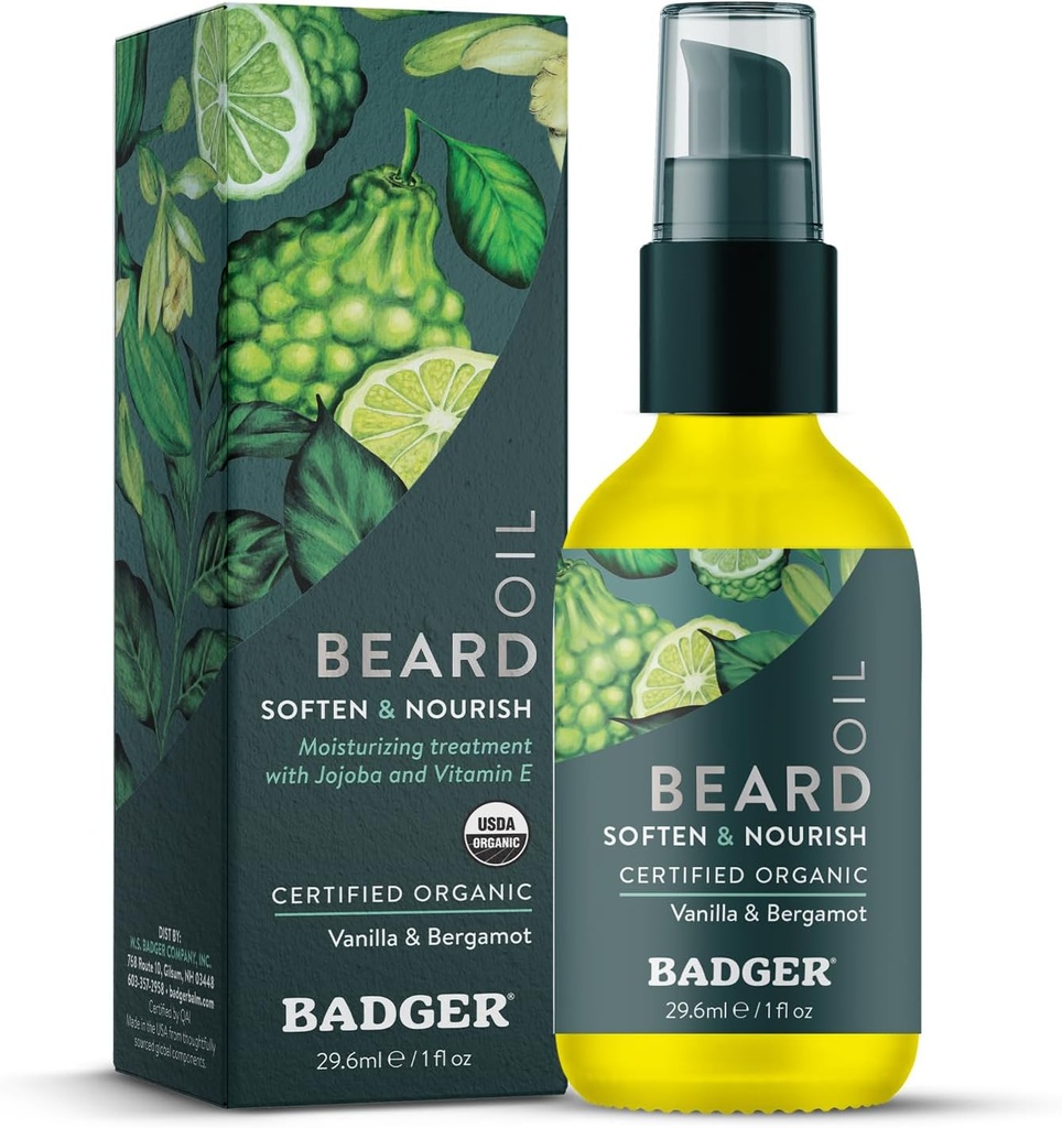 Badger Beard Oil, Babassu & Jojoba, Certified Organic, Premium Beard Conditioner, Beard Oil for Dry Skin, Beard Oil for Long Beards, Facial Hair Oil, 1 fl oz Glass Bottle