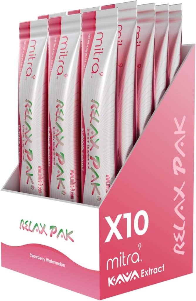 Mitra9 Kava Powder RelaxPak - Strawberry Watermelon Kava Extract Powder Packets | Mood Enhancer | Plant Based | Promotes Natural Calm & Clarity | Easy Open Single-Serving Stick (10)