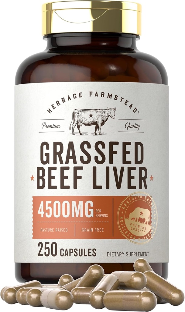 Carlyle Grass Fed Beef Liver Capsules | 4500mg | 250 Count | Desiccated Supplement | Non-GMO, Gluten Free | by Herbage Farmstead