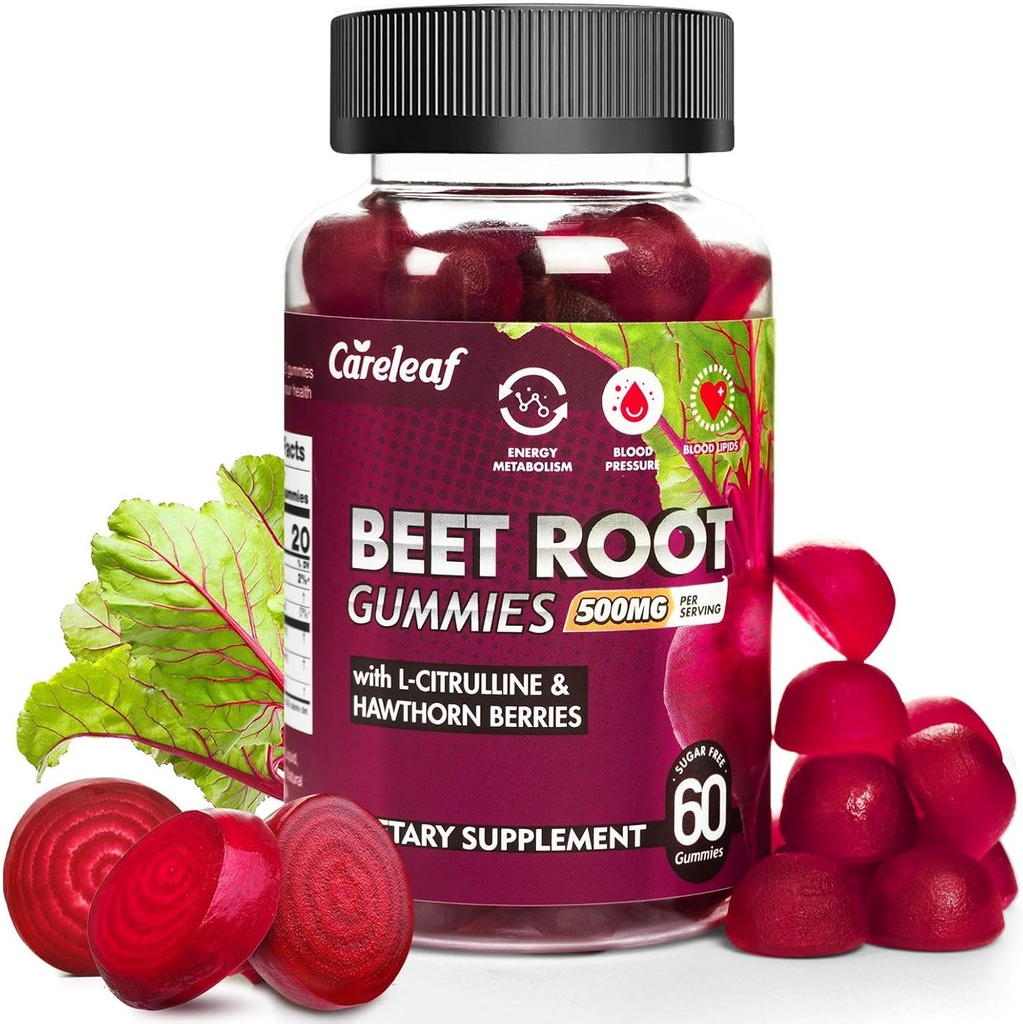 Sugar Free Vegan Beet Root Gummies for Blood Pressure, Beetroot Gummies with L-Citrulline and Hawthorn Extract, Peach Flavor Beet Chews for High Blood Pressure, 60 Count