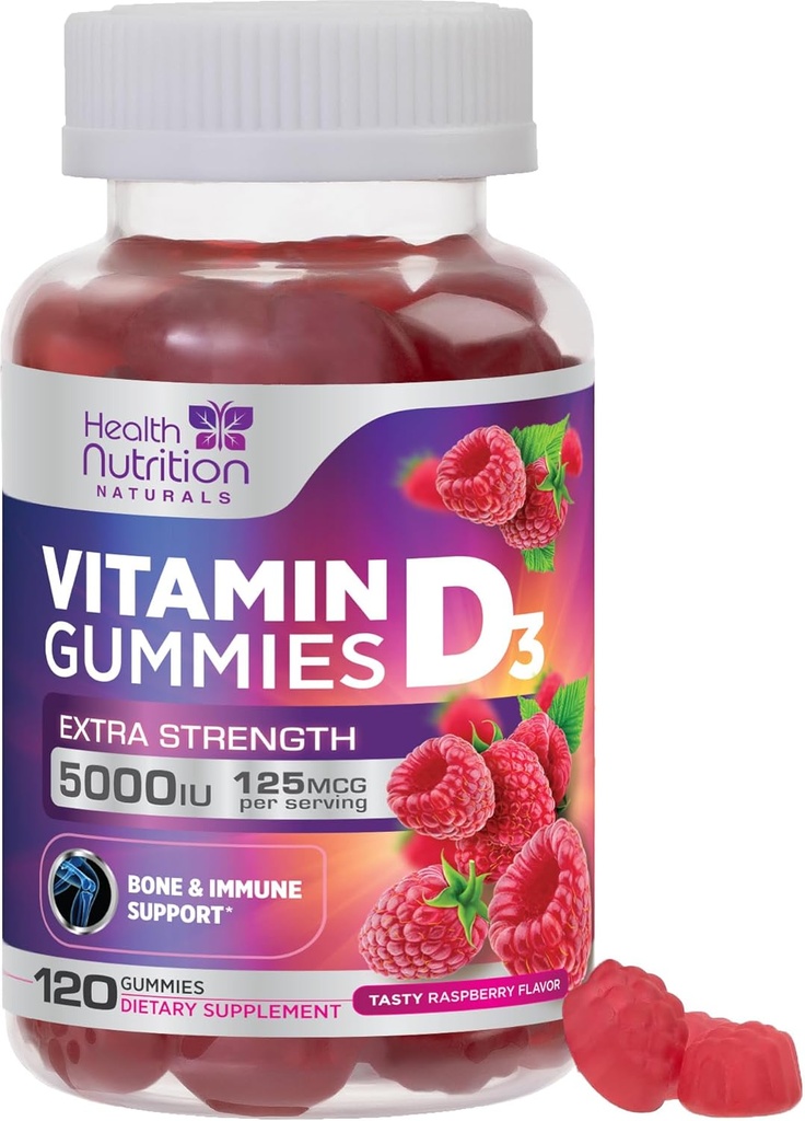 Vitamin D3 Gummies 5000 IU (125 mcg) - Triple Strength Bone and Immune Support, Vitamin D Gummy Dietary Supplement, Nature's Berry D Vitamin Supplement, Raspberry Flavored, Non-GMO - 120 Gummies