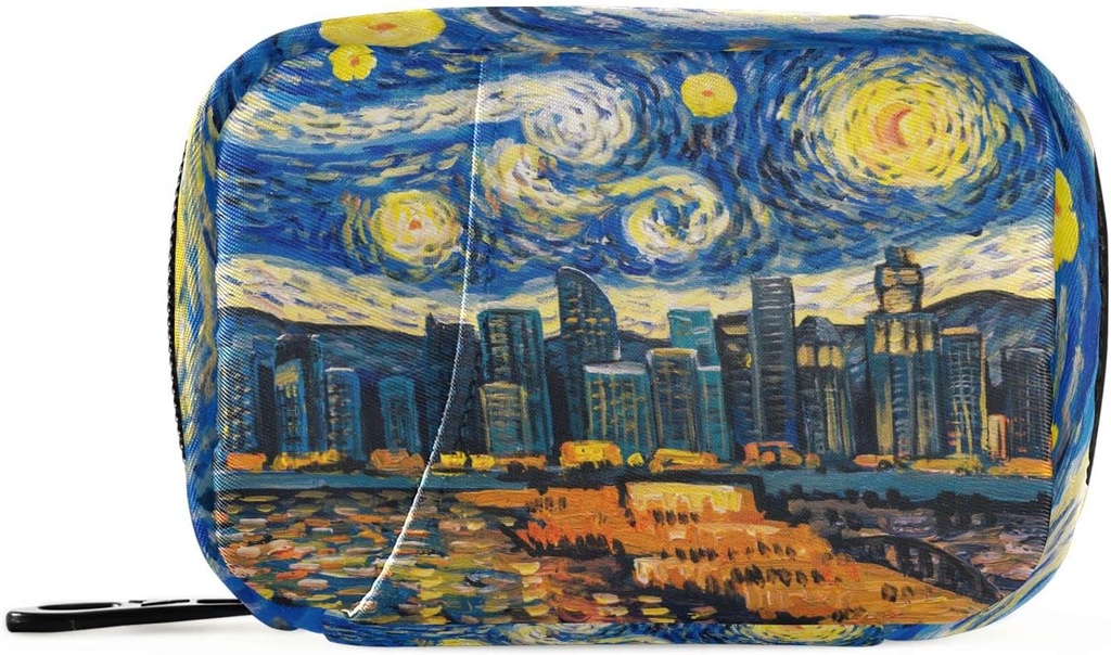 Pill Box 7 Day Starry Night Sky City Pill Case Bag Travel Pill Organizer Bag with Zipper Portable Weekly Case Compact Size for Vitamin Supplement Holder