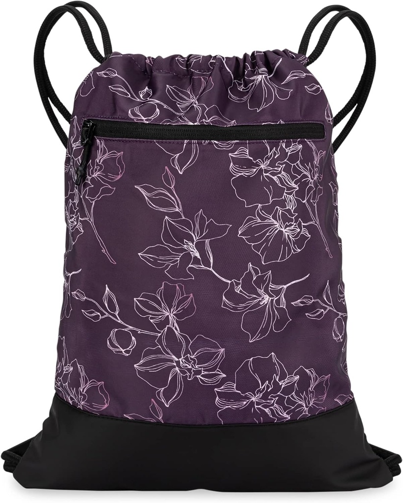 Drawstring Gym Bag for Women | Durable Lightweight Gym Cinch Backpack with Graphic Designs | Great for the Gym and Sports | Plum - Flowers