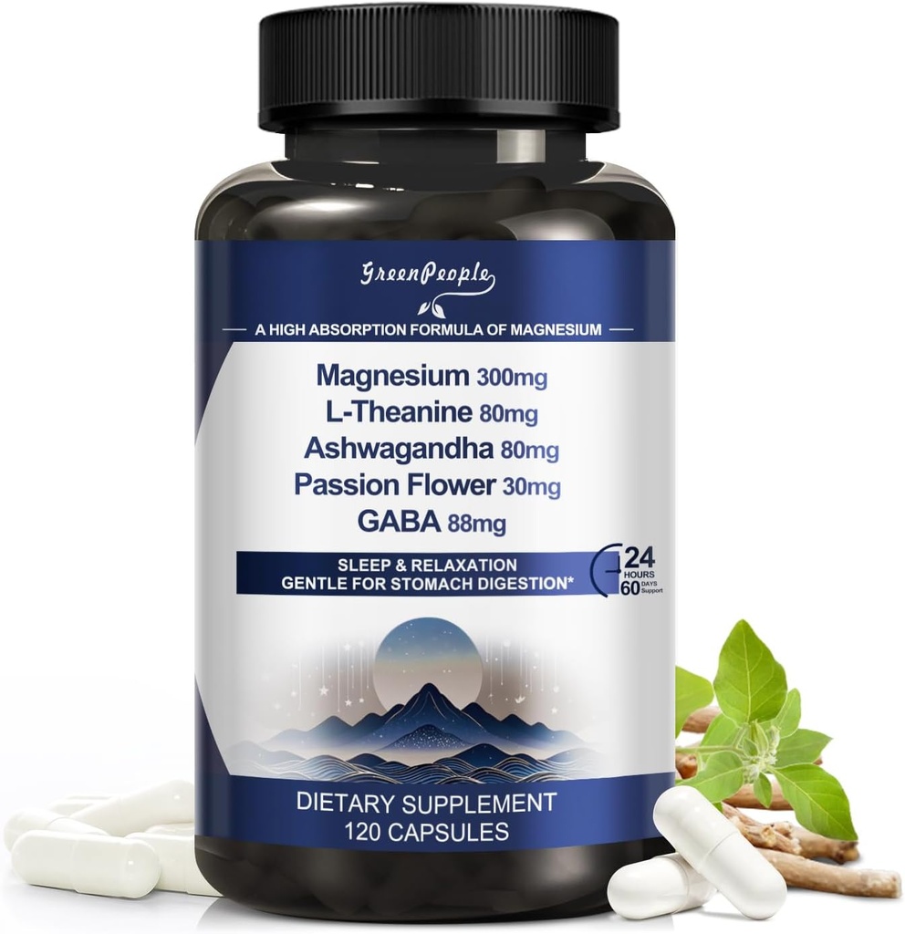 GREENPEOPLE Triple Magnesium Complex | 300mg Magnesium Supplement for Sleep | 8-in-1 Formula w/Ashwagandha/L-Theanine/GABA Support Restful for Men & Women - Vegan, High-Absorption - 120 CT