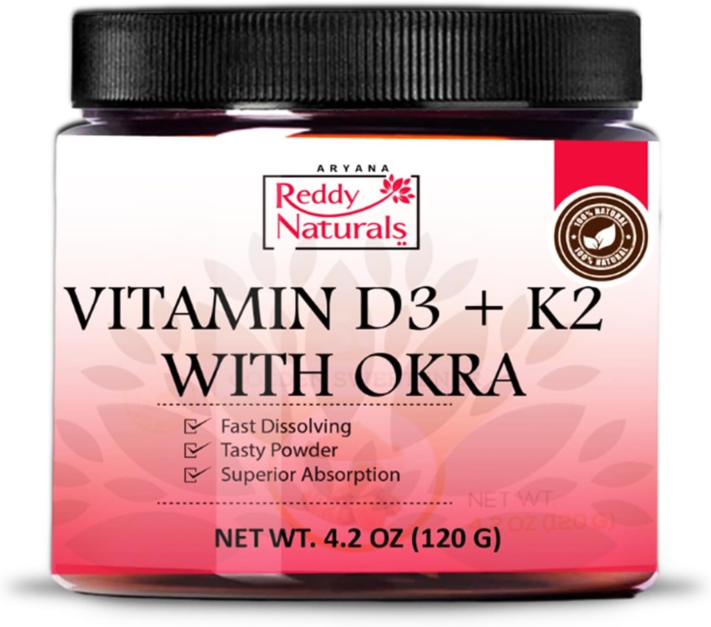 Reddy Naturals Vitamin D3 K2 Powder with Okra - Plant-Based, Fast-Dissolving with Natural Flavors, Non-GMO- Daily Wellness Formula - 4.2 OZ (120g)