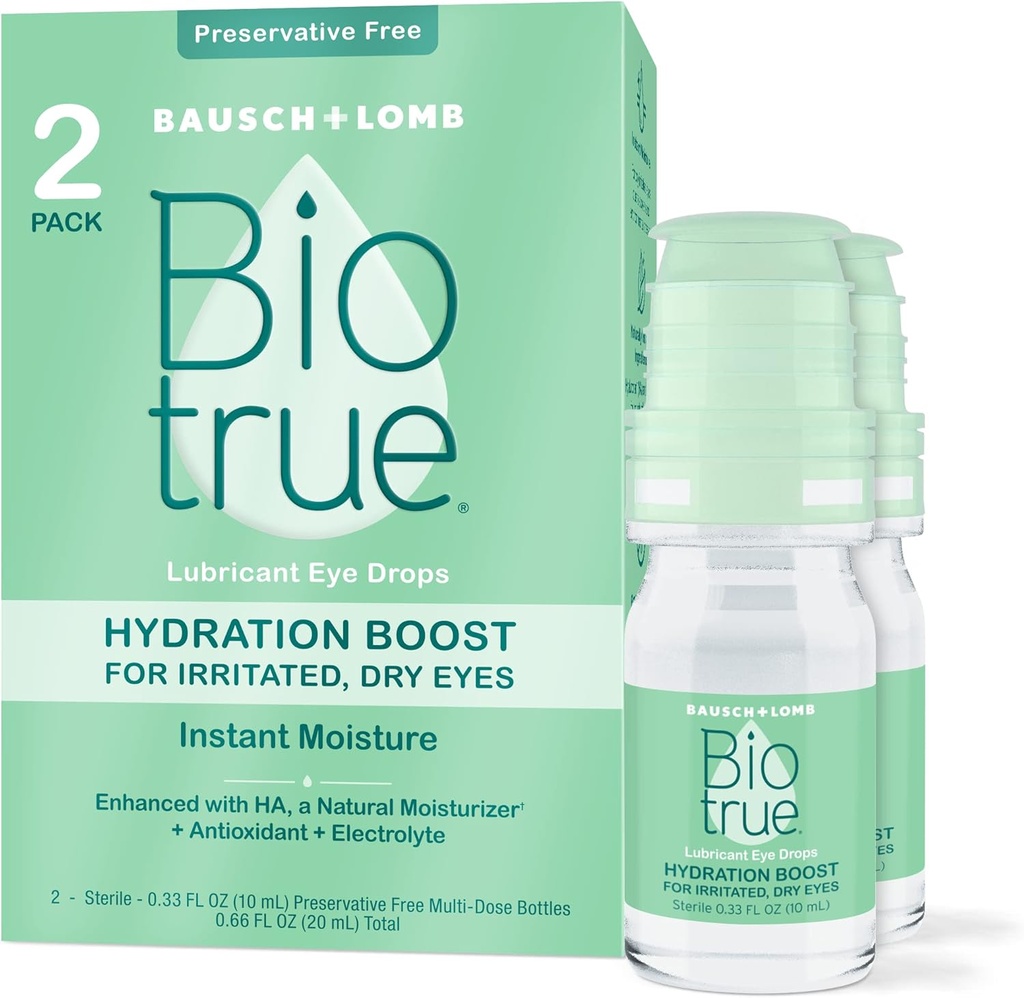 Biotrue Hydration Boost, Preservative-Free Eye Drops for Dry Eyes, Instantly Moisturizes, Rehydrates, Contact Lens Friendly, Refresh & Relieve Eye Irritation, 0.33 FL Oz (Pack of 2)