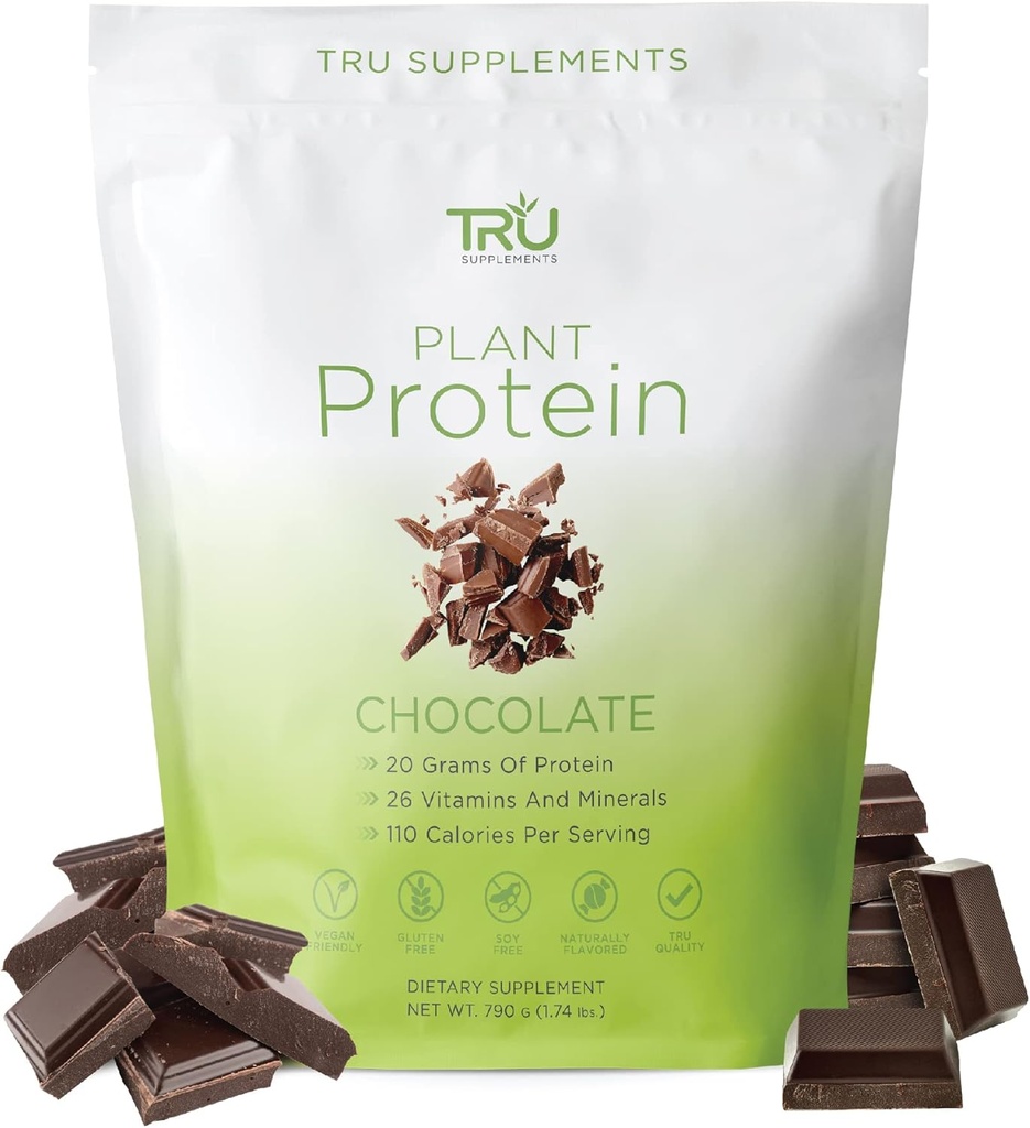 TRU Supplements Plant Based Protein Powder, BCAA, EAA, 20g Vegan Brown Rice & Pea Protein, 100 Calories, 27 Vitamins, No Artificial Flavors 25 Servings (Natural Chocolate Cream)