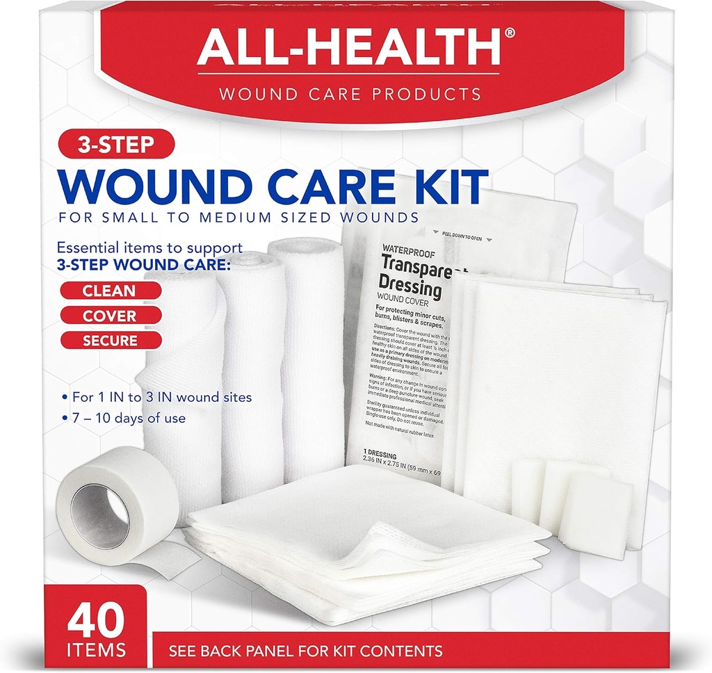 All Health Wound Care Kit & First Aid Supplies, 40 Piece | for Small to Medium Sized Wounds, Professional Use for Car, Home, Camping, Hiking and More