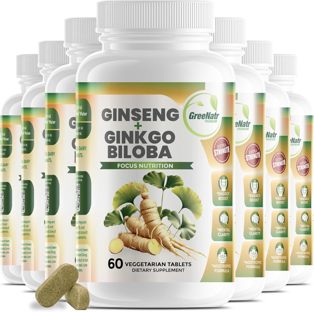 GreeNatr Ginko Biloba & Panax Ginseng Supplement - Red Ginseng Brain Supplement for Memory and Focus - Ginkgo Biloba Supplements for Good Vision, Immune System and Improved Blood Flow - 12 Bottles
