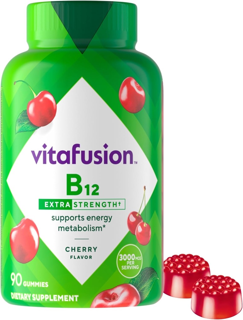vitafusion Extra Strength Vitamin B12 Gummies, Supports Energy Metabolism and Nervous System Health Support, Gummy Vitamin Supplement for Women and Men, Cherry Flavor, 45 Day Supply, 90 Count