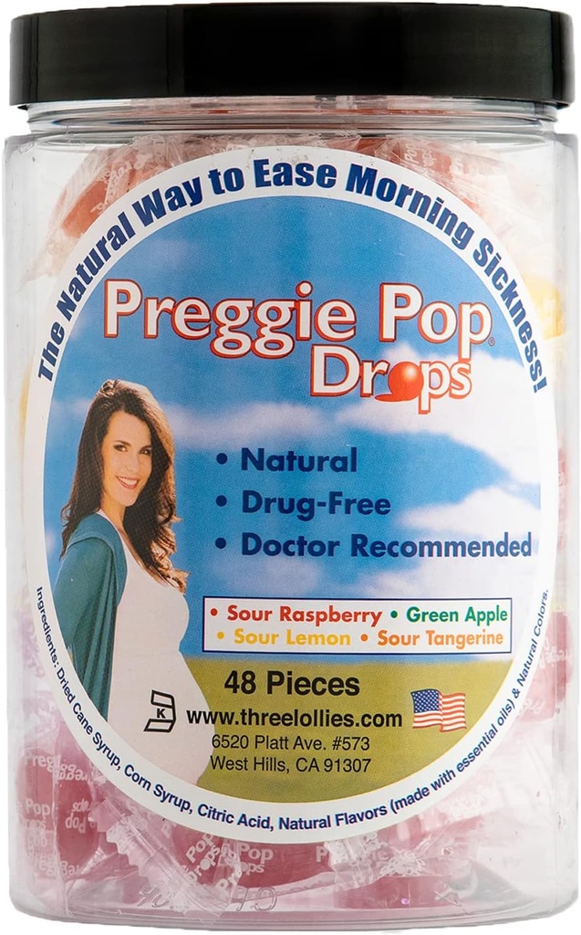 Preggie Pop Drops Morning Sickness Relief for Pregnant Women. Assorted Yummy Candy Drops for Pregnancy. 48 Count
