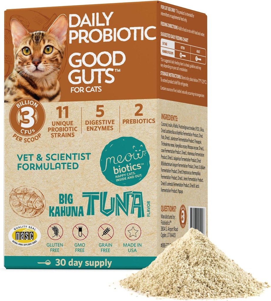 Meowbiotics Good Guts for Cats Probiotic Powder, 11 Probiotic Strains, 2 Prebiotics, 5 Digestive Enzymes for Digestive Support, Tuna Flavor, Probiotics for Cats, Indoor & Outdoor (30 Days)