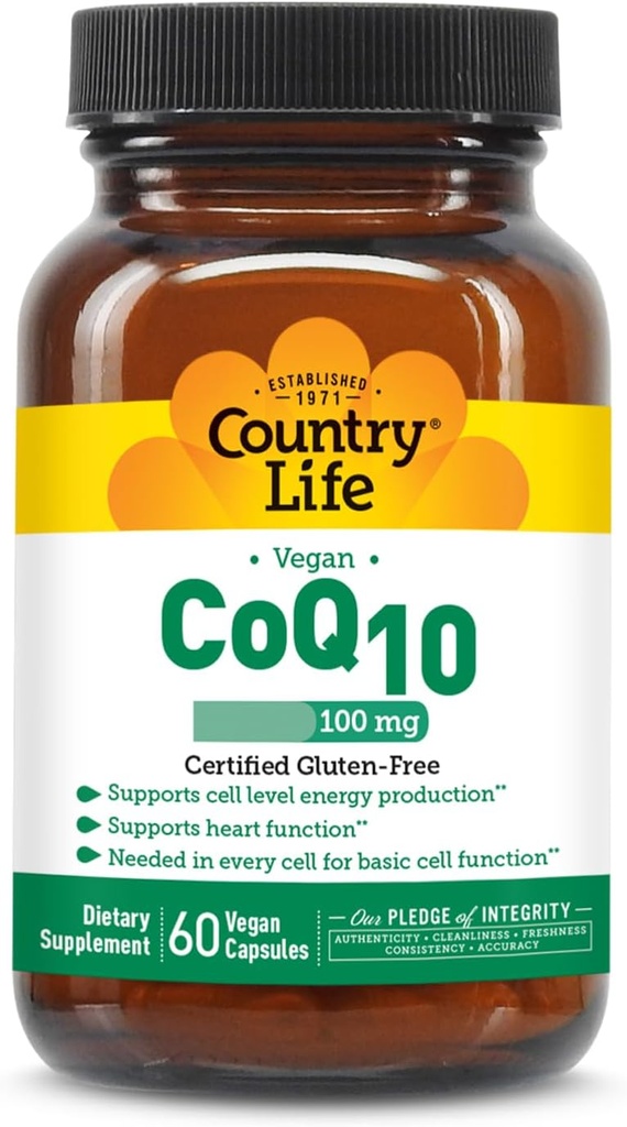 Country Life Simply CoQ10 100mg – Supports Heart Function & Cellular Energy, Vegan Softgels, Certified Gluten-Free, Non-GMO Supplement, 60 ct – Cardiovascular Health Support