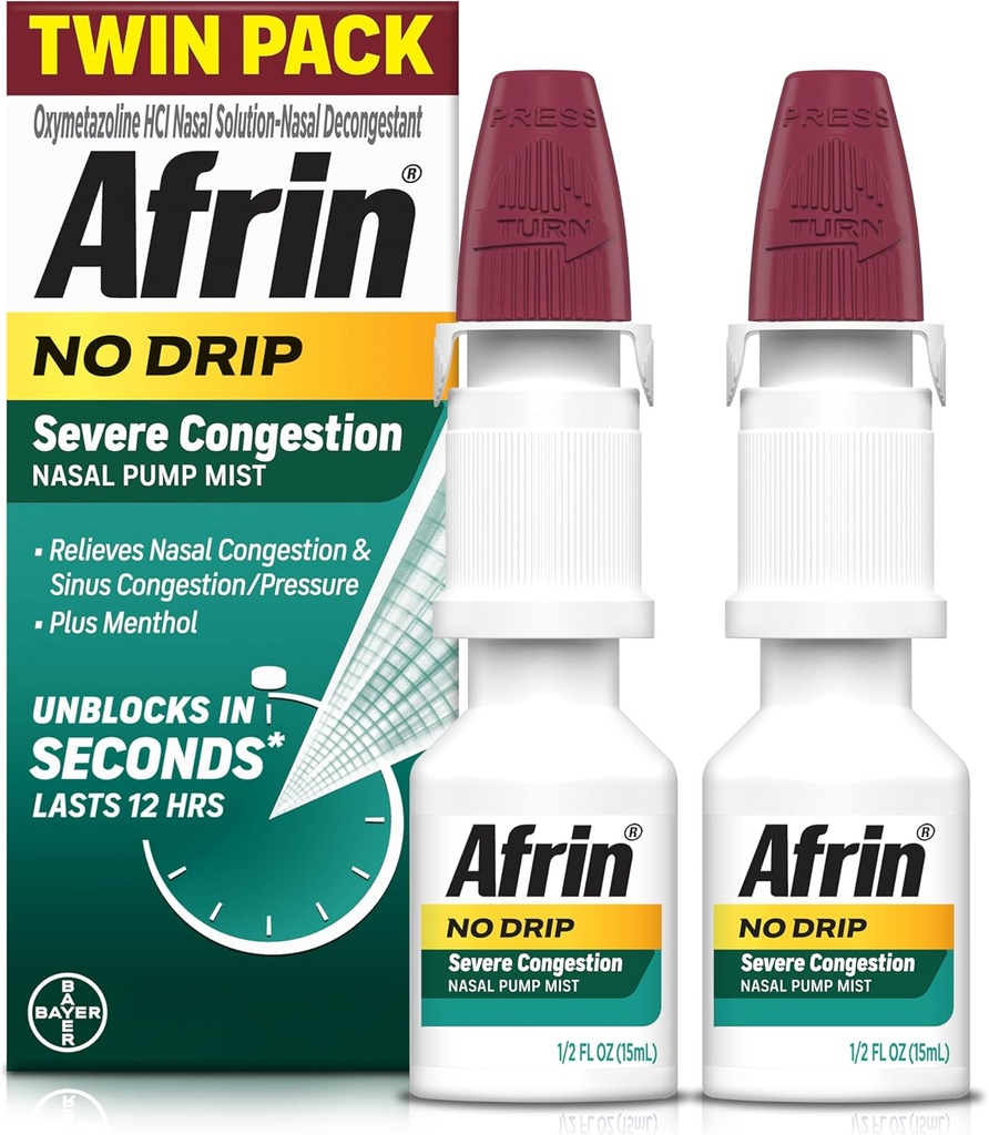 Afrin No Drip Severe Congestion Nasal Mist Twin Pack, Non-Drowsy, Fast-Acting Decongestant for Nasal Congestion and Sinus Pressure Relief, Adults and Children 6 and Older, .5 fl oz (Pack of 2)