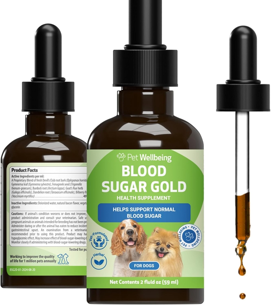 Pet Wellbeing Blood Sugar Gold Dogs - Holistic Blood Sugar Support, Pancreas & Liver Health, Gymnema, Fenugreek & Devil’s Club - NASC Certified & Vet-Formulated - 2 oz Liquid