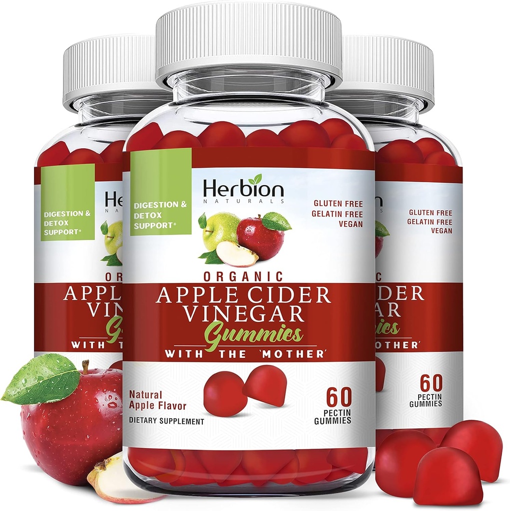 HERBION Naturals Organic Apple Cider Vinegar Gummies with The “Mother”, Digestion and Detox Support, Pectin Based, Vegan, Made in The USA - (Pack of 3, 180 Gummies)