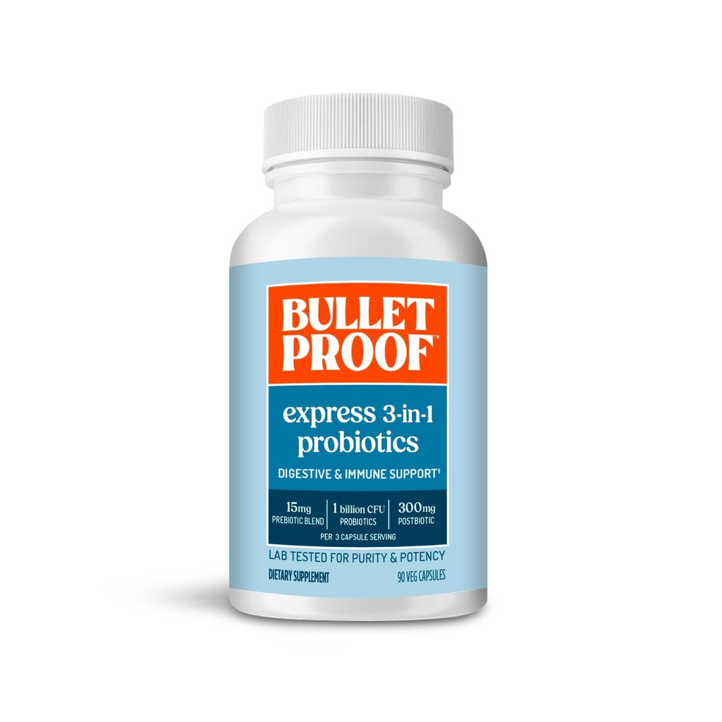 Bulletproof Express 3-in-1 Probiotic & Postbiotics Supplement for Sustained Gut Health, 90 Count