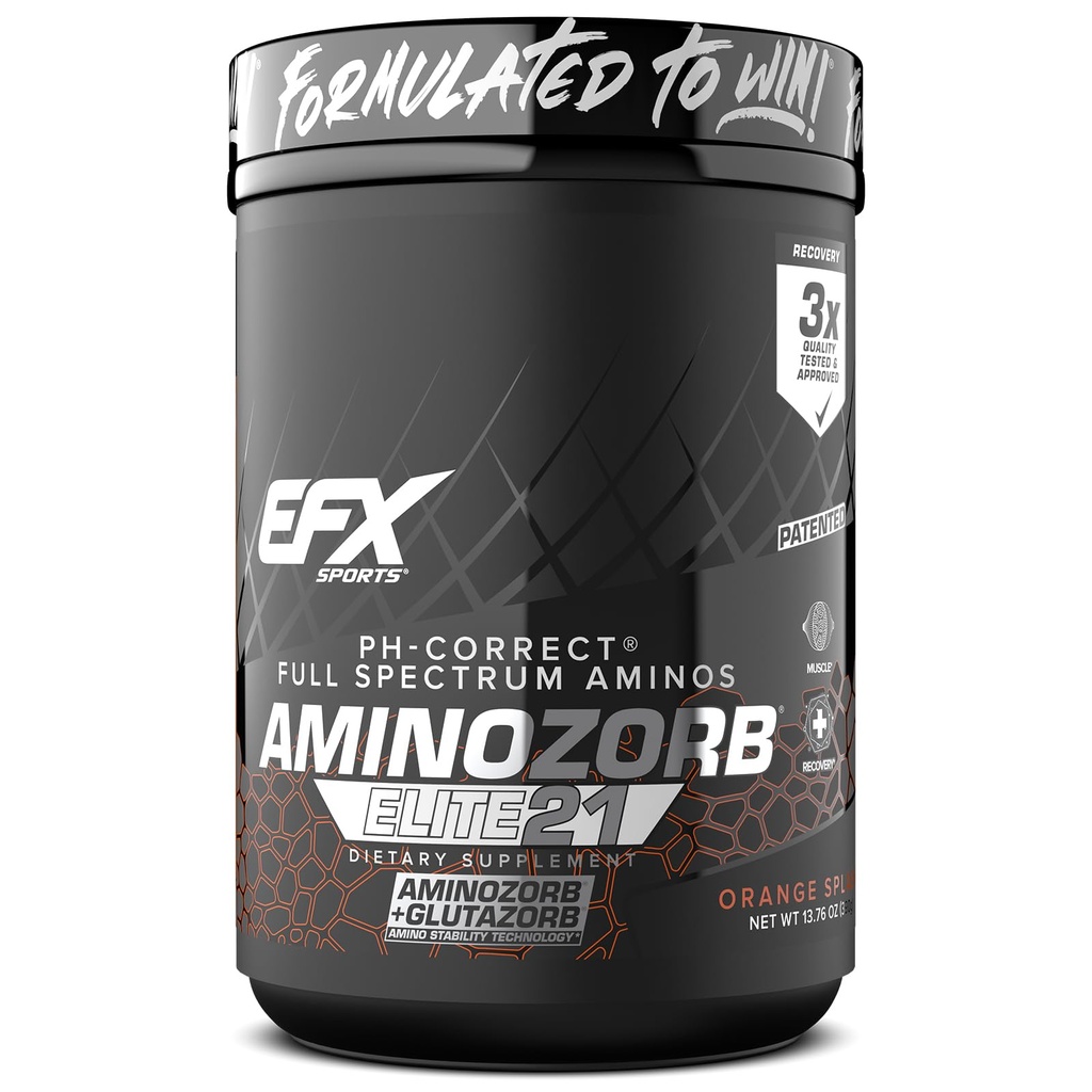 EFX Sports Aminozorb Elite 21 | PH-Correct, Full Spectrum Aminos + Glutamine | Essential & Non Essential Aminos | Zero Sugars | 30 Servings (Orange Splash)