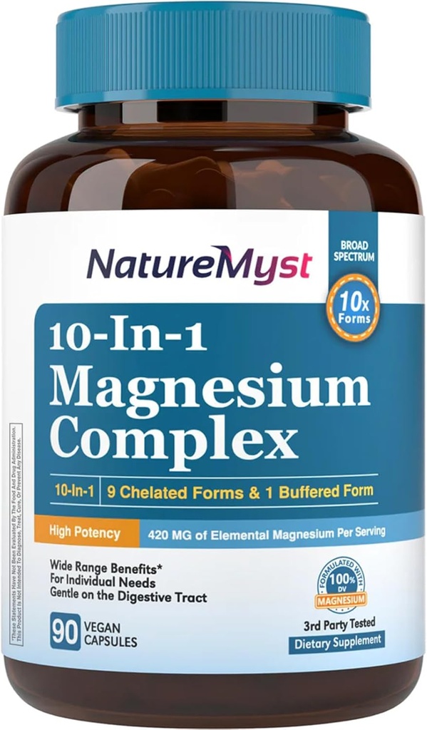 Magnesium Complex Supplement, 420mg Elemental Magnesium, 10 High Absorption Forms Magnesio Glycinate, Citrate, Malate, Taurate & More for Sleep, Nerve Health, Non-GMO, 90 Vegan Capsules