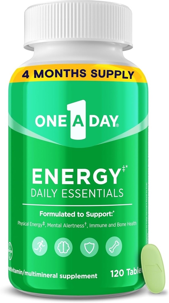 One A Day Energy Daily Essentials Multivitamin, Energy Supplement to Support Mental Alertness and Immune Health with Vitamins A C, D, E, Zinc and Caffeine, 120 Count