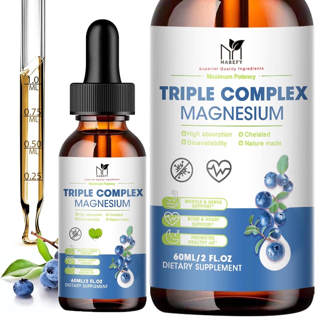 Magnesium Glycinate Liquid Drops Complex Supplement with Taurate, Malate for Calm, Leg Cramps, Energy | Sugar-Free and Natural Vegan Magnesium, Blueberry Flavor